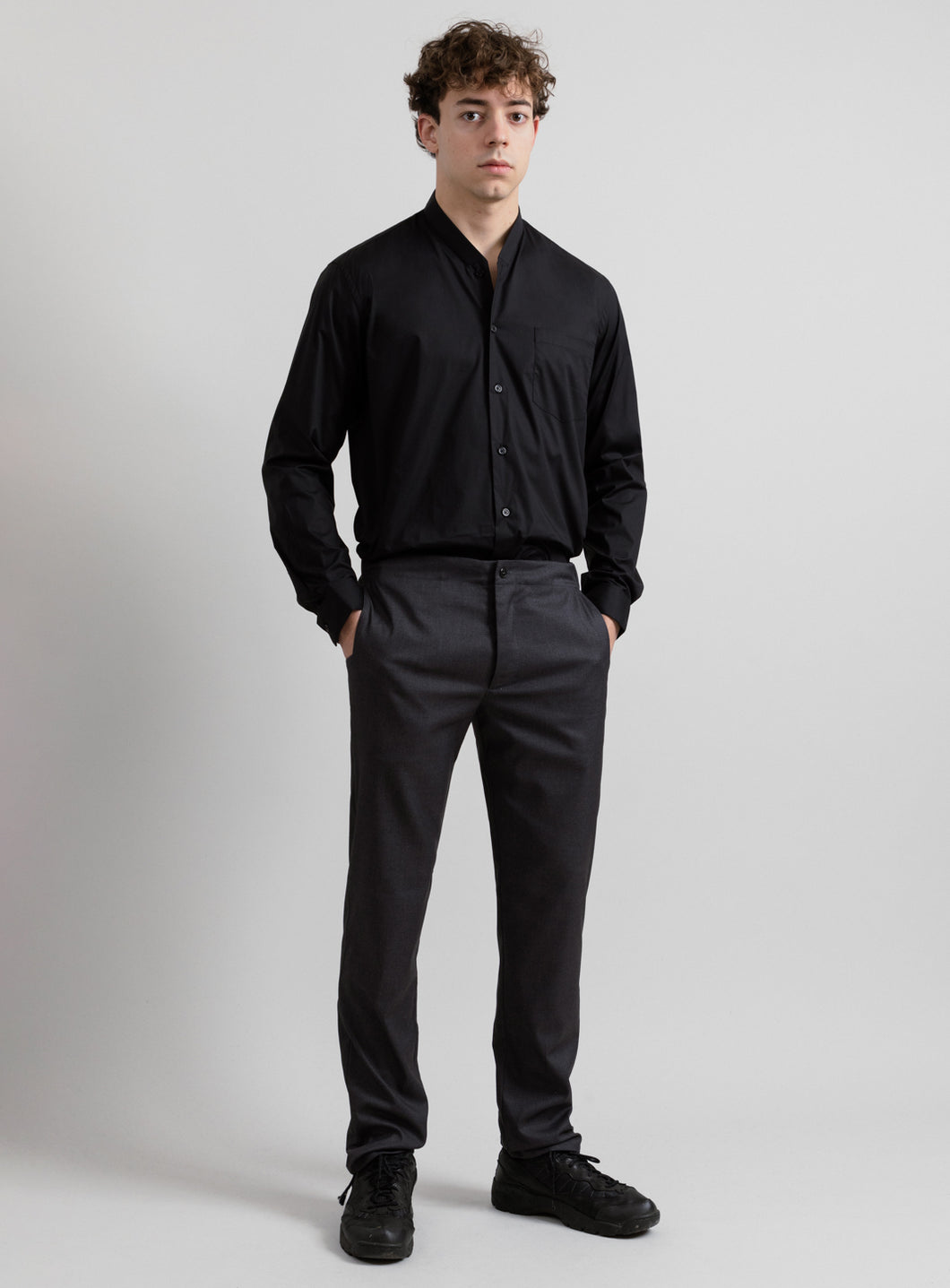 False Collar Shirt in Black Poplin