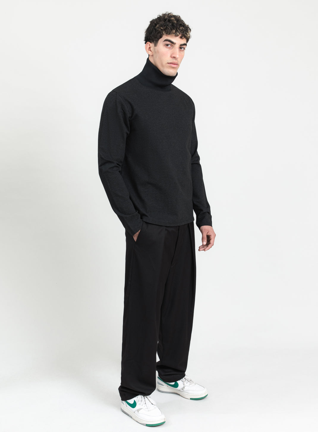 Ribbed High Neck Sweatshirt in Heather Dark Gray Technical Knit