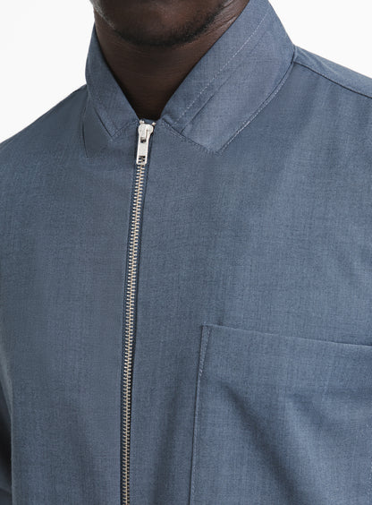 Zipped Double Collar Overshirt in Light Blue Twill