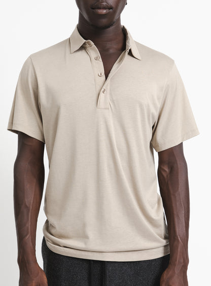 Pleated Tab Short Sleeve Poloshirt in Sand Eucalyptus & Cotton