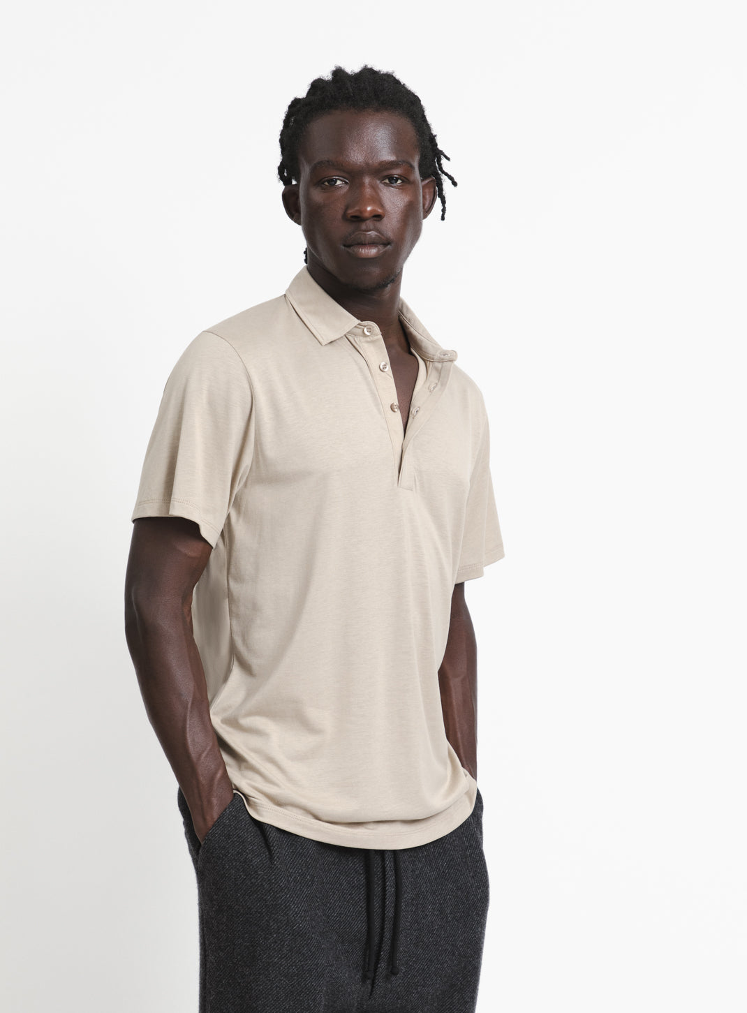 Pleated Tab Short Sleeve Poloshirt in Sand Eucalyptus & Cotton