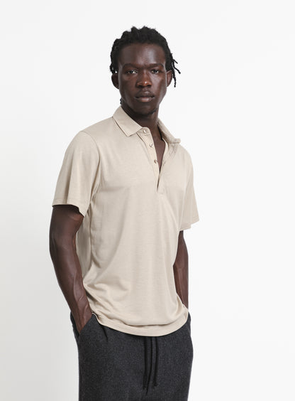 Pleated Tab Short Sleeve Poloshirt in Sand Eucalyptus & Cotton