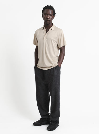 Pleated Tab Short Sleeve Poloshirt in Sand Eucalyptus & Cotton