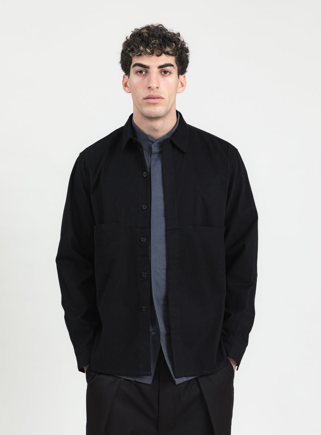 Overshirt with Front Cuts in Black Canvas