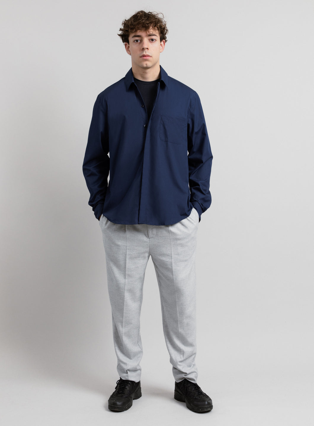 Graphic Tab Shirt in Navy Blue Poplin