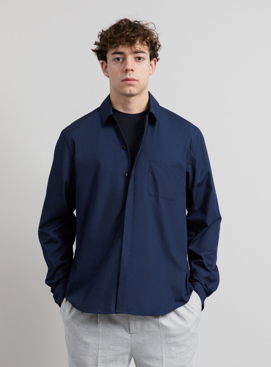 Graphic Tab Shirt in Navy Blue Poplin