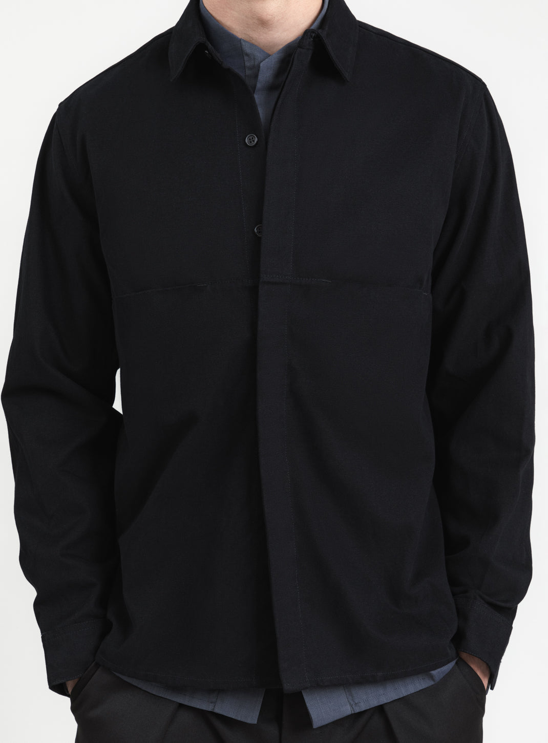Overshirt with Front Cuts in Black Canvas