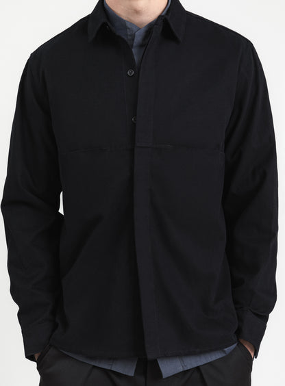 Overshirt with Front Cuts in Black Canvas