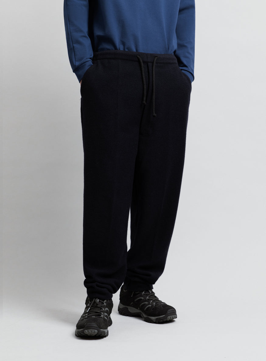 Pleated Pants with Tightening Link in Navy Blue Carded Wool