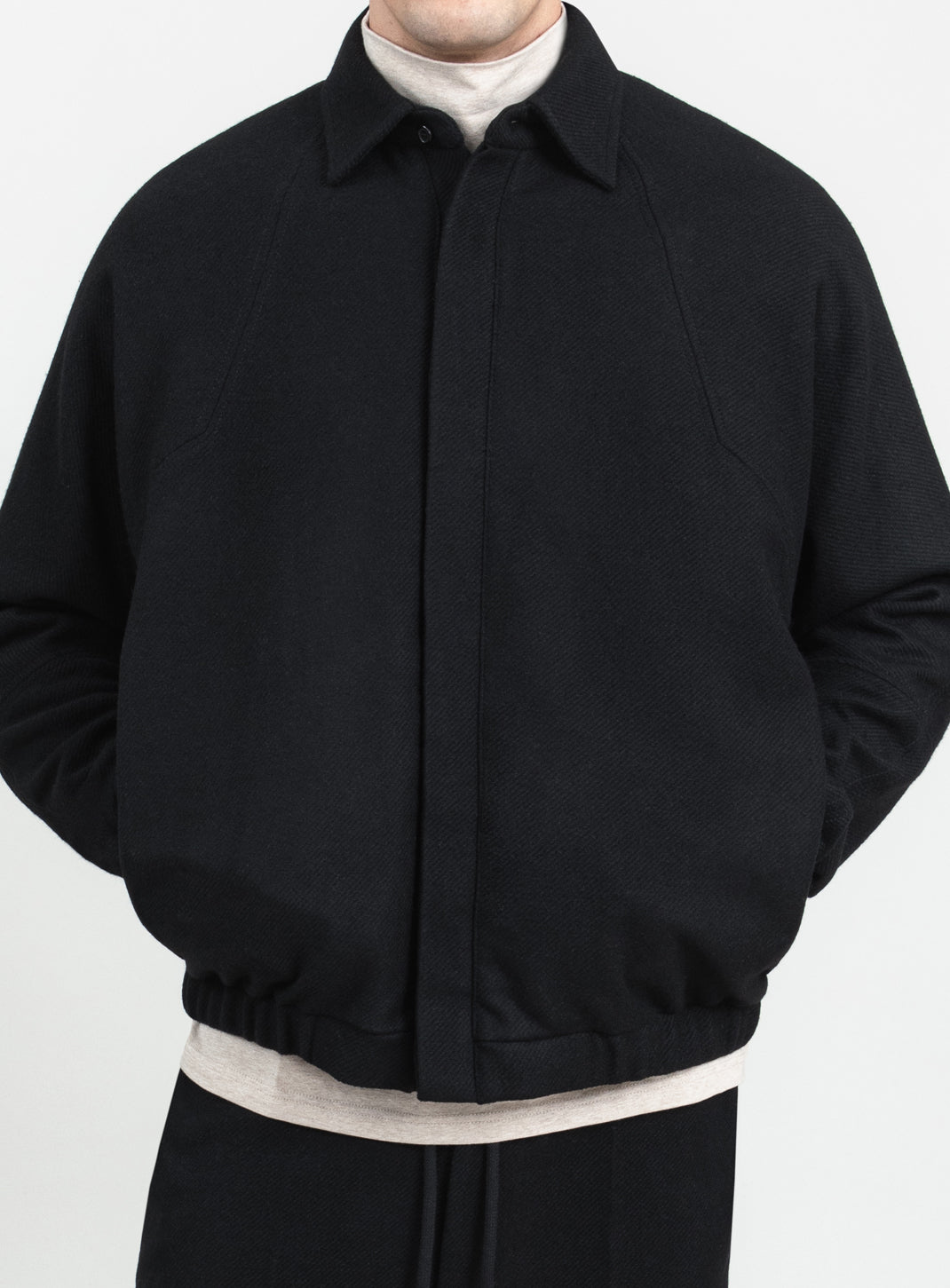 Bomber Jacket with Italian Collar in Black Carded Wool
