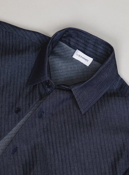 Chemisette with Classic Collar in Raw Blue Bias Cut Denim