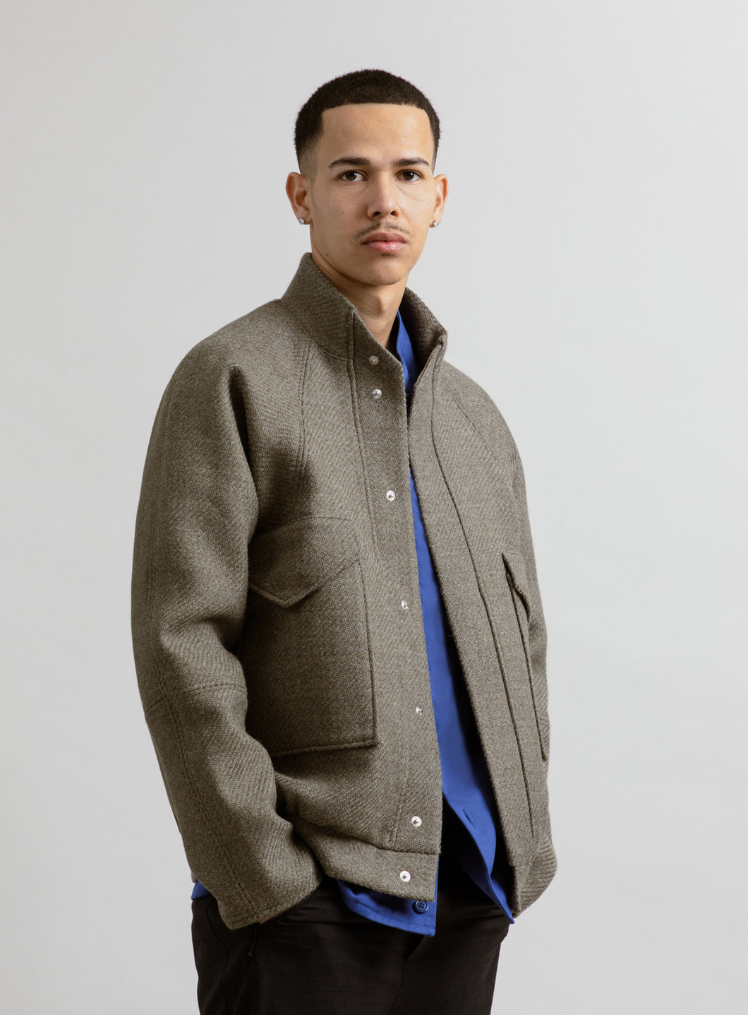 Bomber Jacket with Origami Collar in Clay Italian Wool