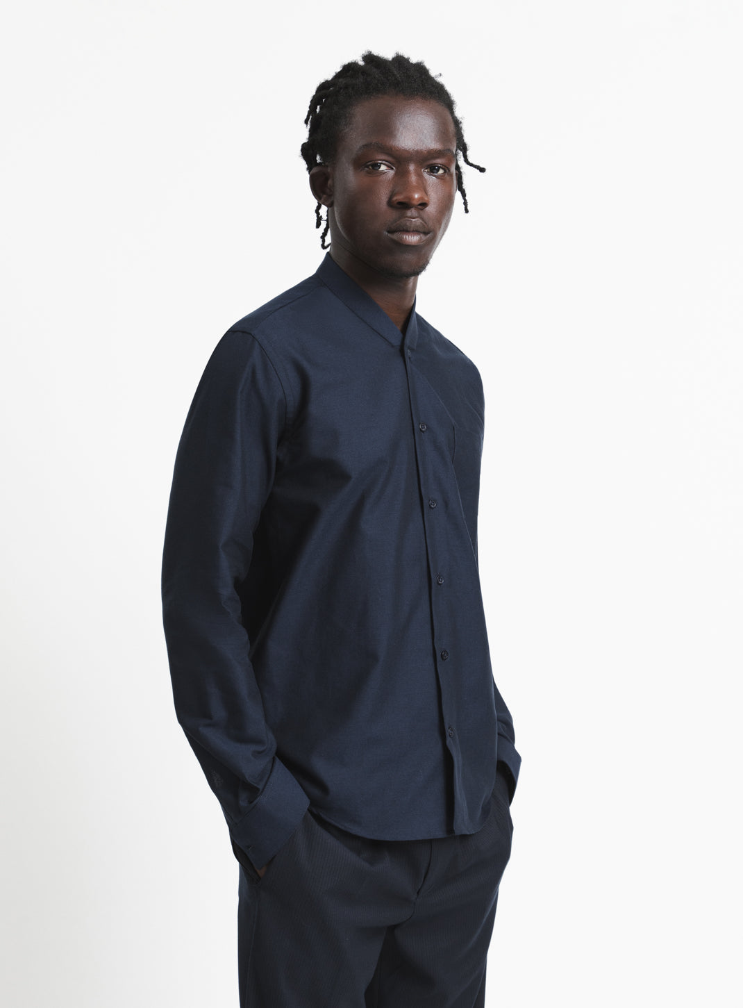 False Collar Shirt in Navy Blue Poplin