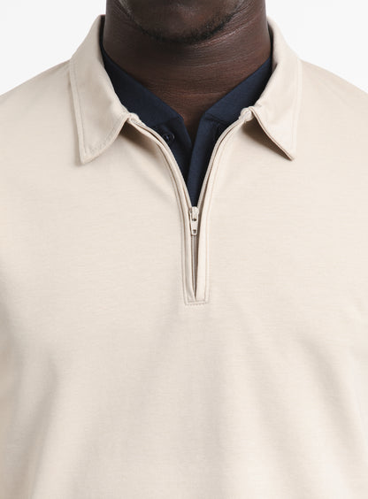 Long Sleeve Zipped Poloshirt in Beige Technical Knit