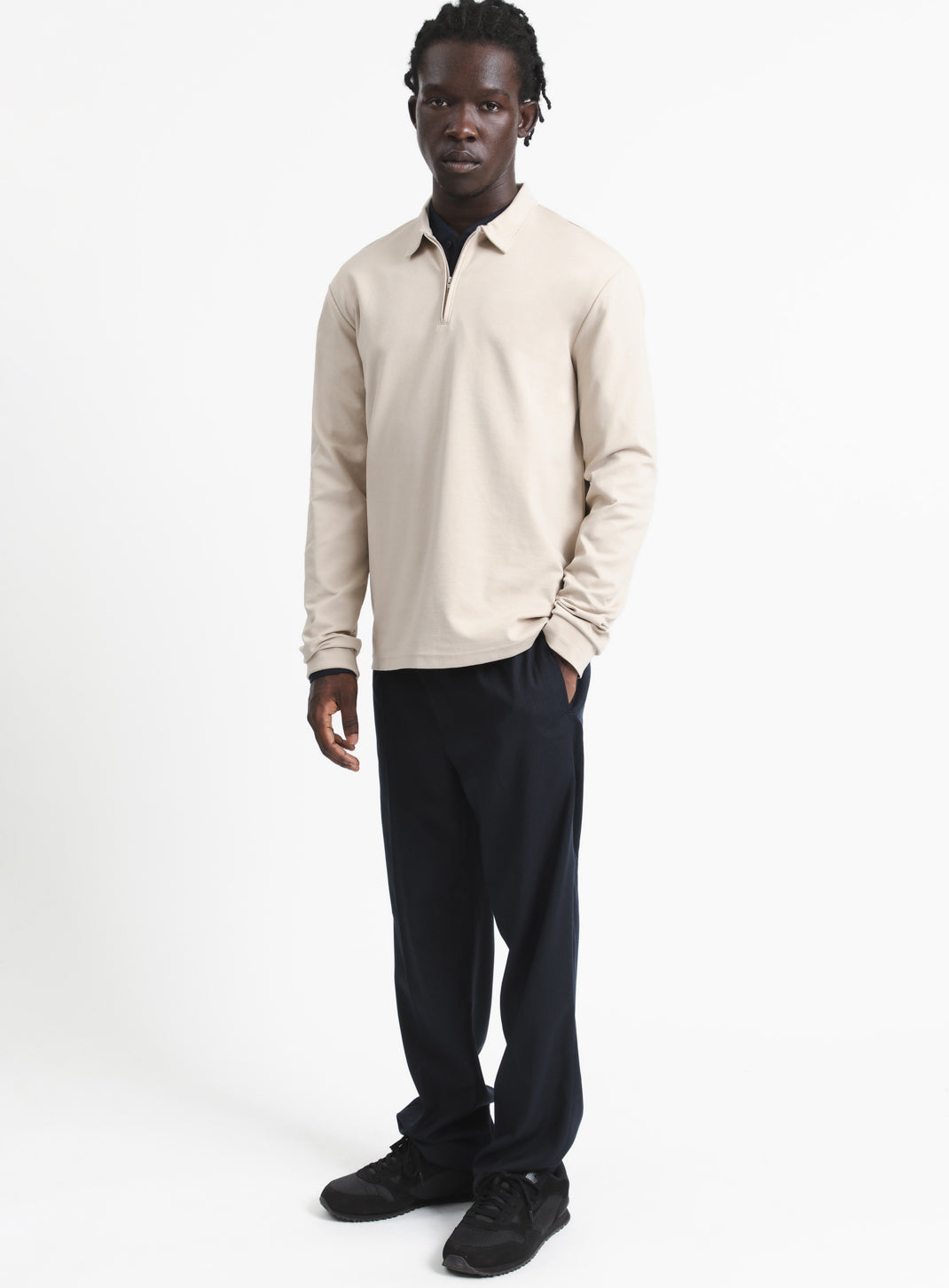 Long Sleeve Zipped Poloshirt in Beige Technical Knit