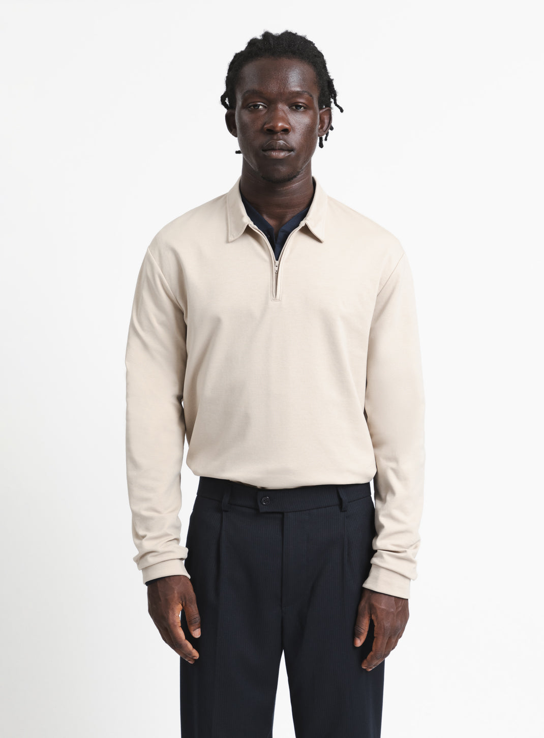 Long Sleeve Zipped Poloshirt in Beige Technical Knit