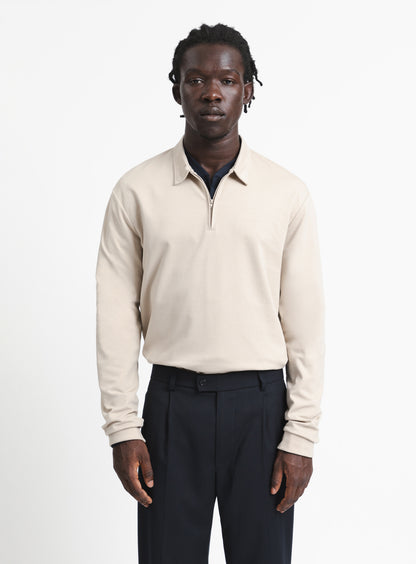 Long Sleeve Zipped Poloshirt in Beige Technical Knit