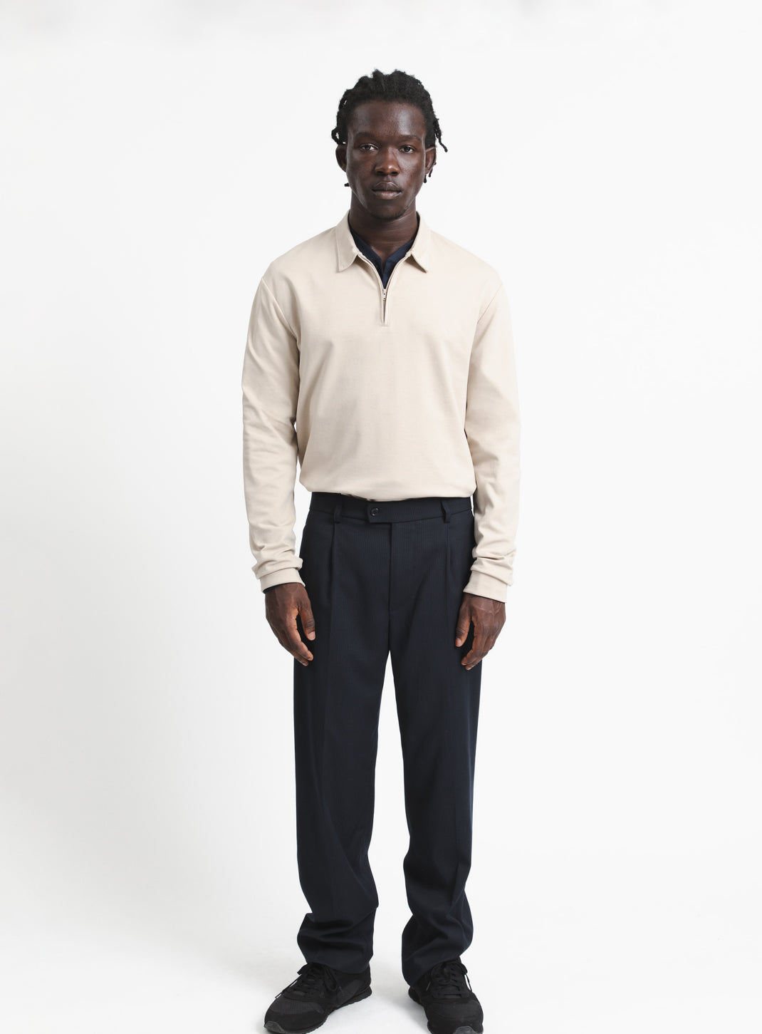 Pleated Pants with Looped Belt in Navy Blue Fine Stripe Serge