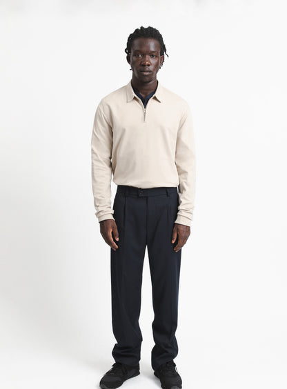 Pleated Pants with Looped Belt in Navy Blue Fine Stripe Serge