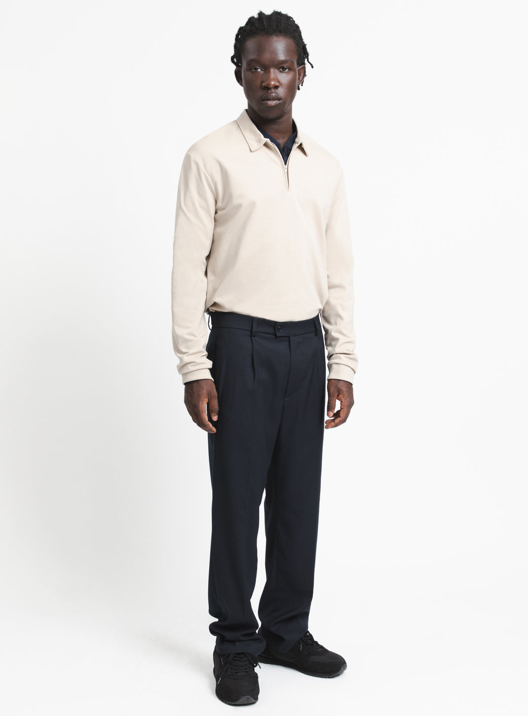Long Sleeve Zipped Poloshirt in Beige Technical Knit