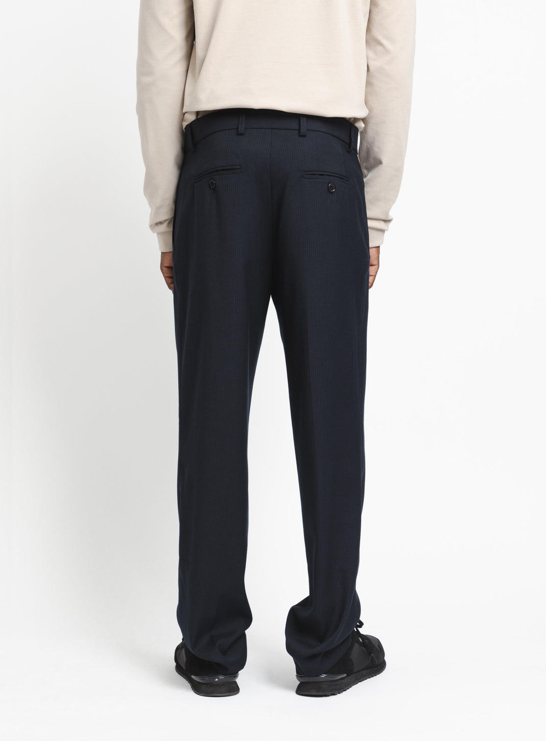 Pleated Pants with Looped Belt in Navy Blue Fine Stripe Serge