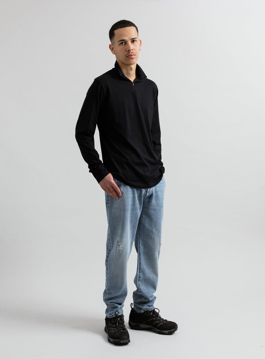 Zipped Funnel Neck T-Shirt in Black Jersey