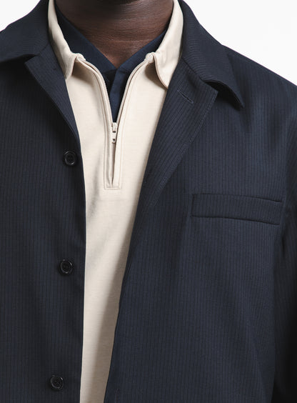 Jacket with Inlayed Band in Navy Blue Fine Stripe Serge