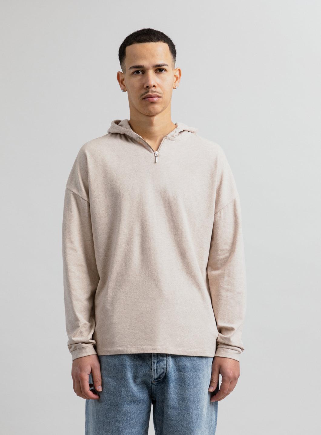 Hooded T-Shirt in Heather Beige Cotton & Elastane