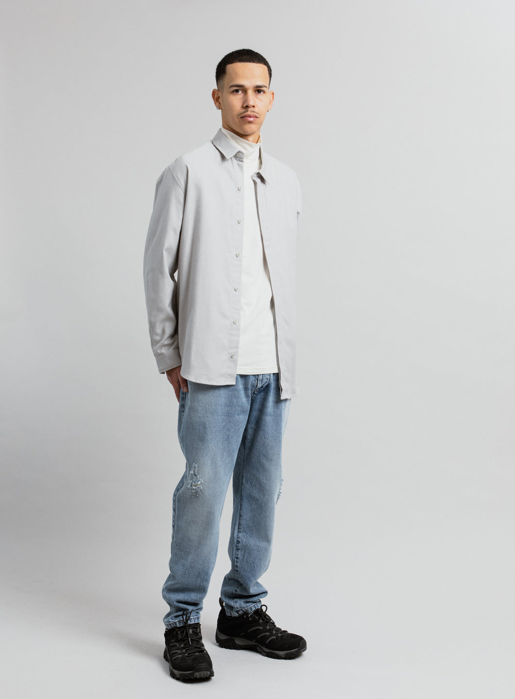 Overshirt with Poplin Yoke in Almond Cotton Flannel