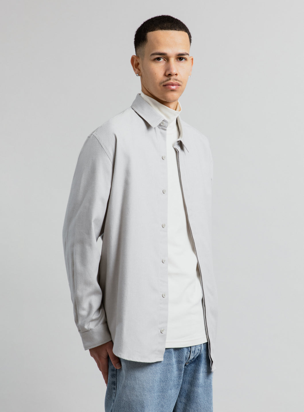 Overshirt with Poplin Yoke in Almond Cotton Flannel