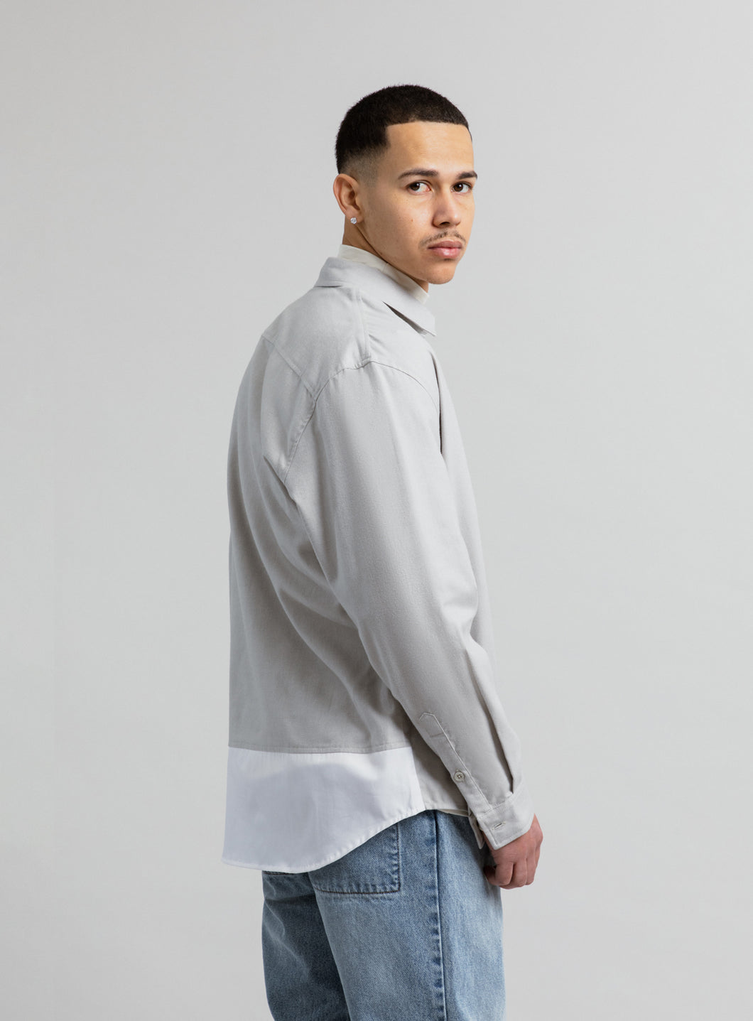 Overshirt with Poplin Yoke in Almond Cotton Flannel