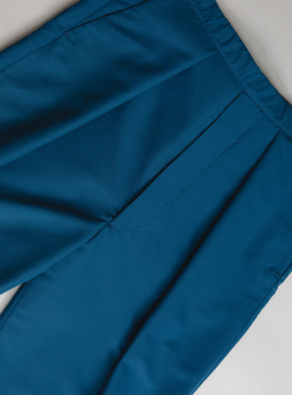 Elastic Waist Pants with Deep Pleats in Petrol Blue Technical Serge