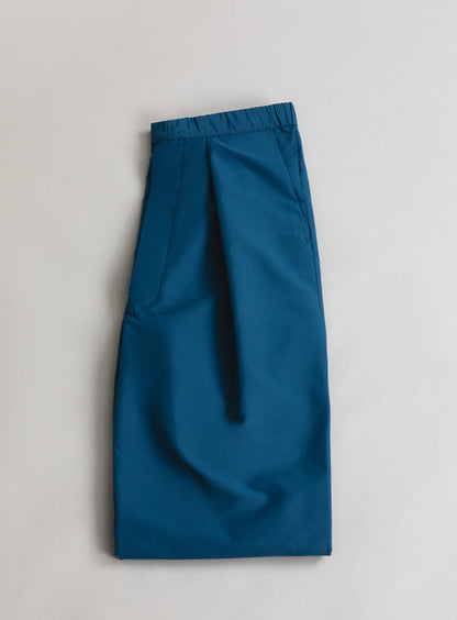 Elastic Waist Pants with Deep Pleats in Petrol Blue Technical Serge