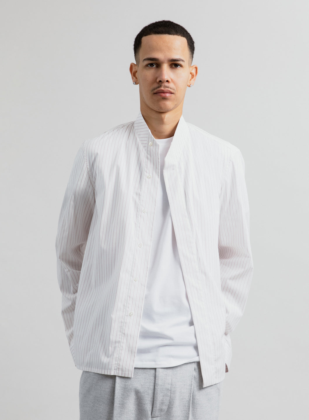 Origami Collar Shirt in White Poplin with Burgundy Fine Stripes