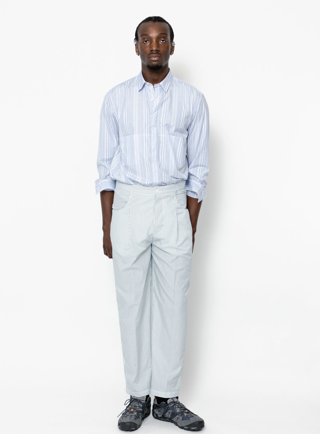 Pants with Revolver Pockets in White Poplin with Green Fine Stripes