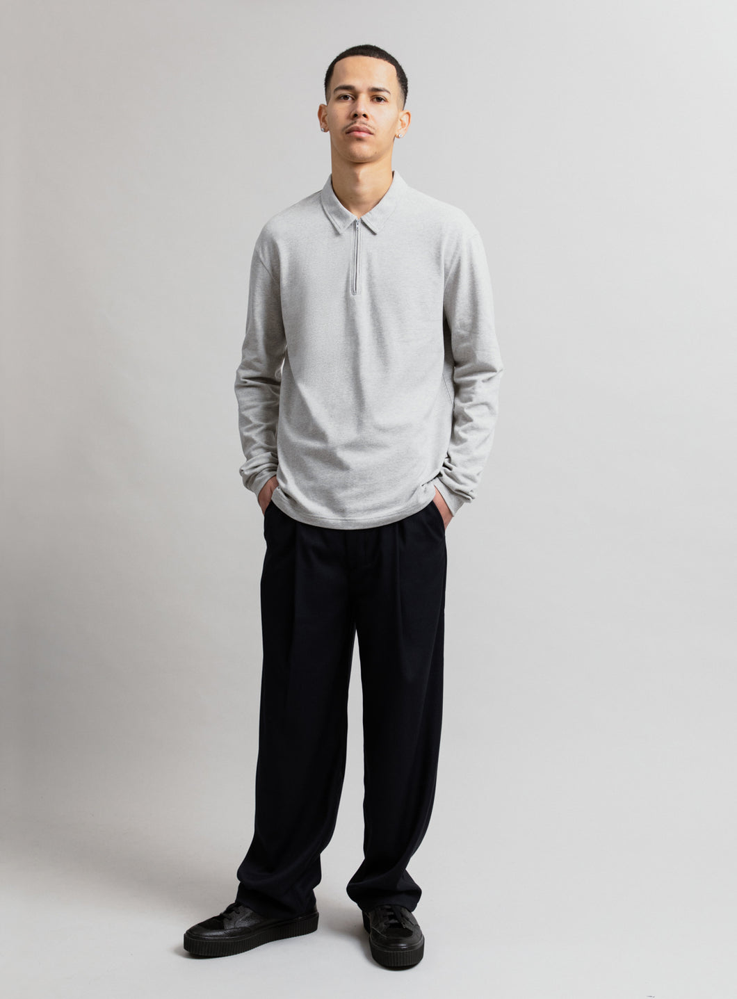 Zipped Poloshirt in Heather Grey Cotton Piqué