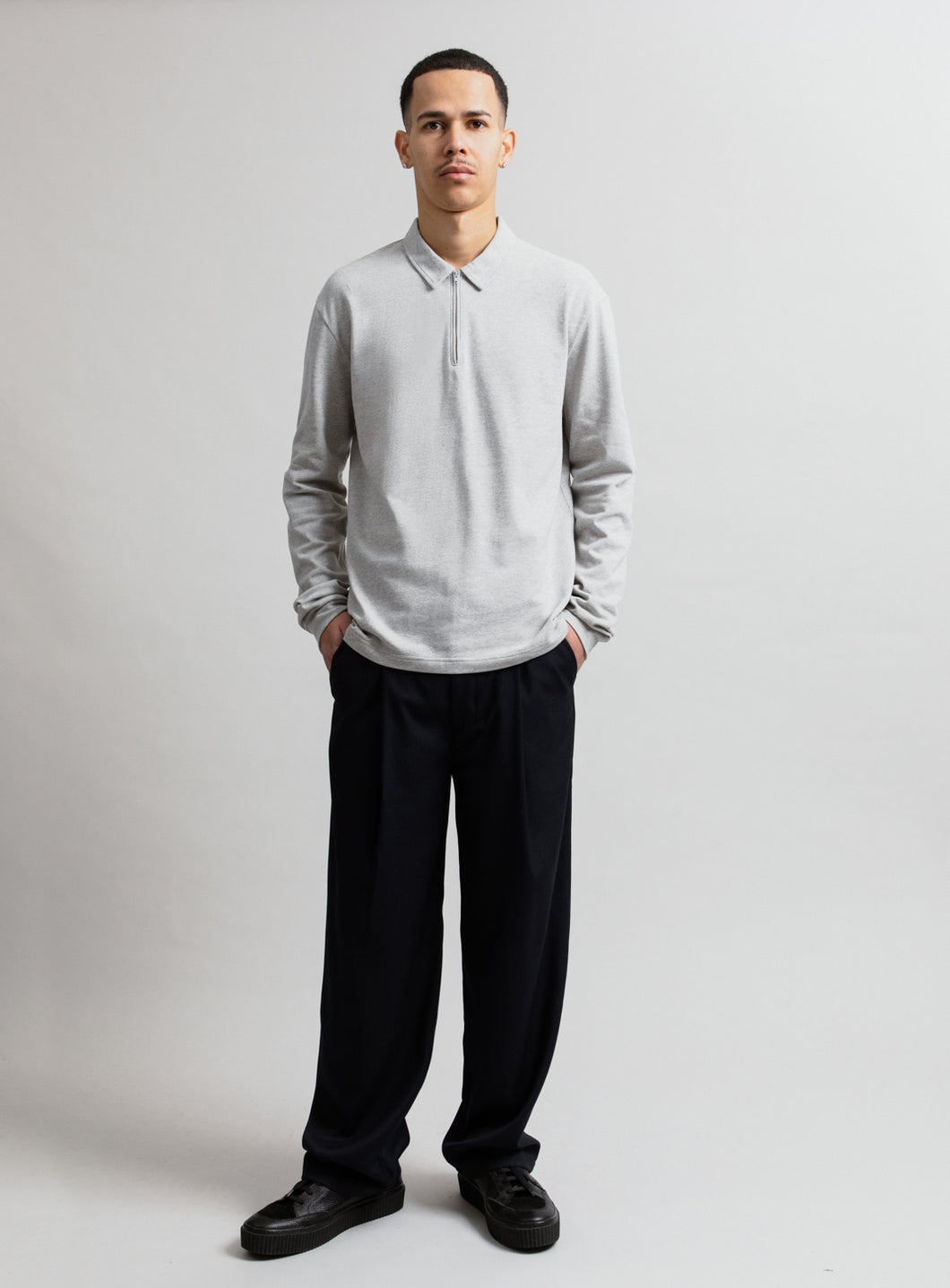 Zipped Poloshirt in Heather Grey Cotton Piqué