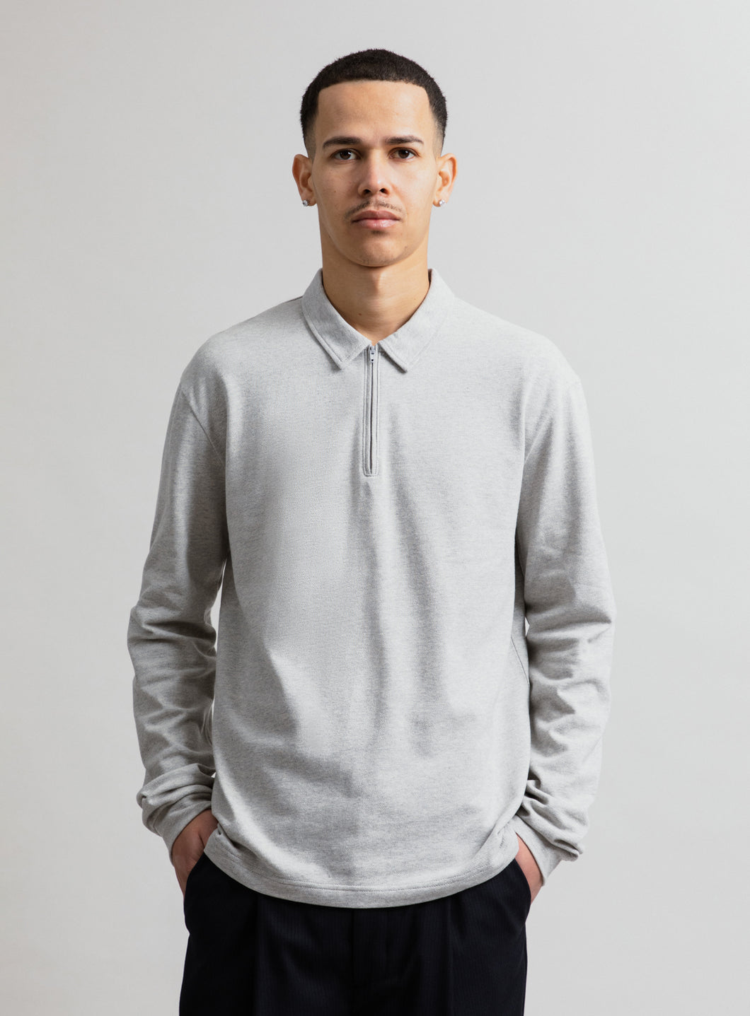 Zipped Poloshirt in Heather Grey Cotton Piqué