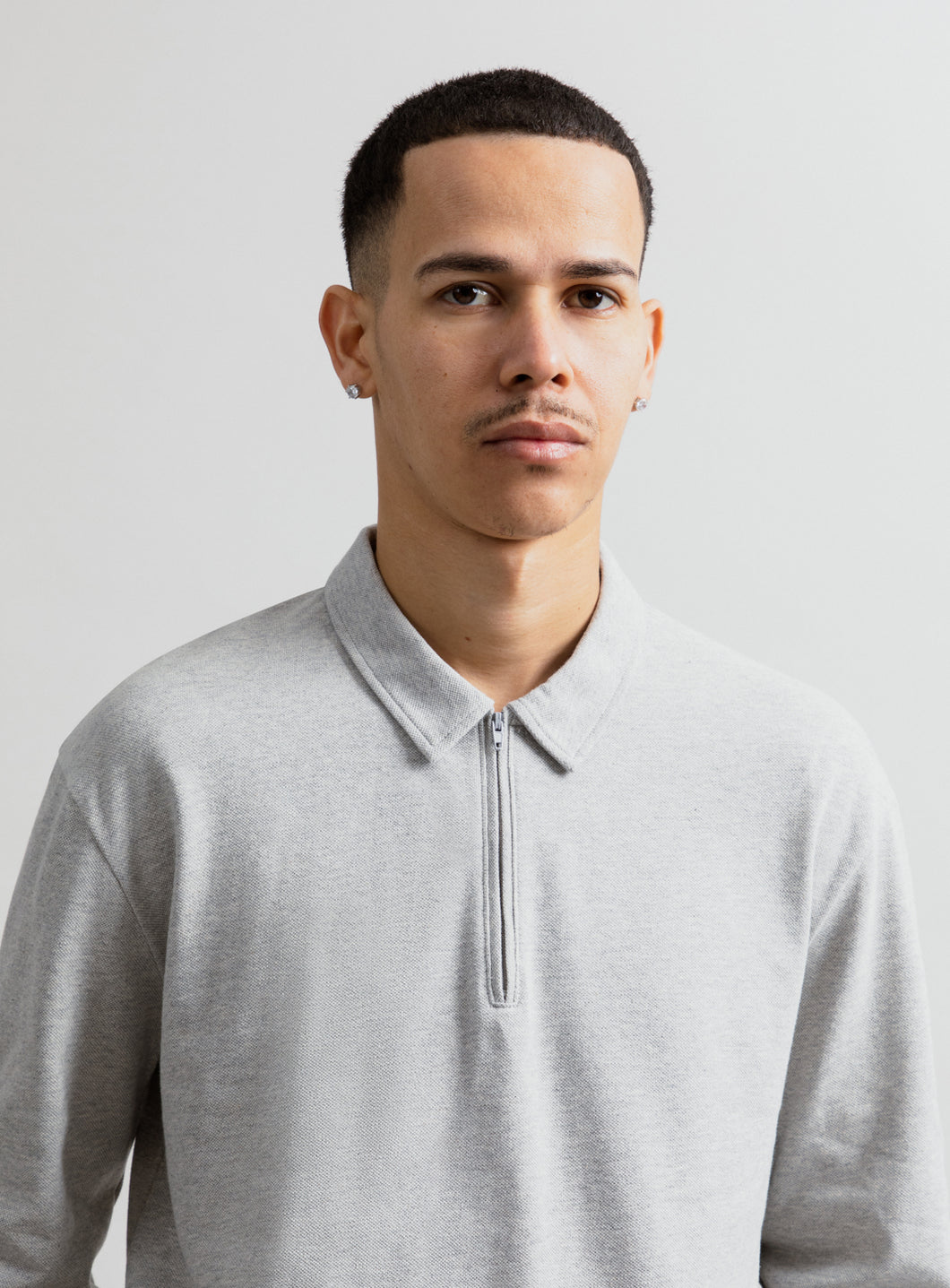 Zipped Poloshirt in Heather Grey Cotton Piqué