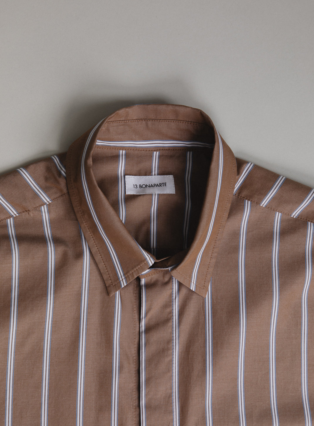 Classic Shirt in Coffee Poplin with Sky Blue & White Large Stripes