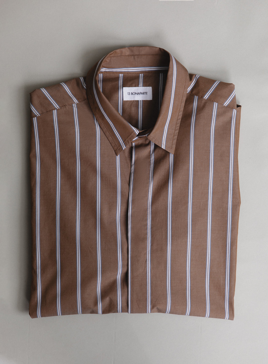 Classic Shirt in Coffee Poplin with Sky Blue & White Large Stripes