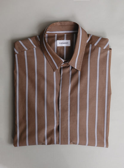 Classic Shirt in Coffee Poplin with Sky Blue & White Large Stripes