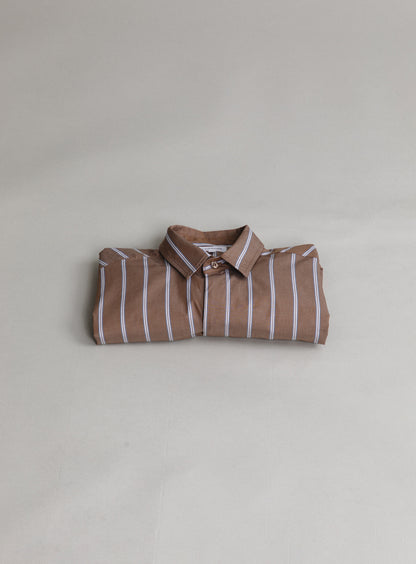 Classic Shirt in Coffee Poplin with Sky Blue & White Large Stripes