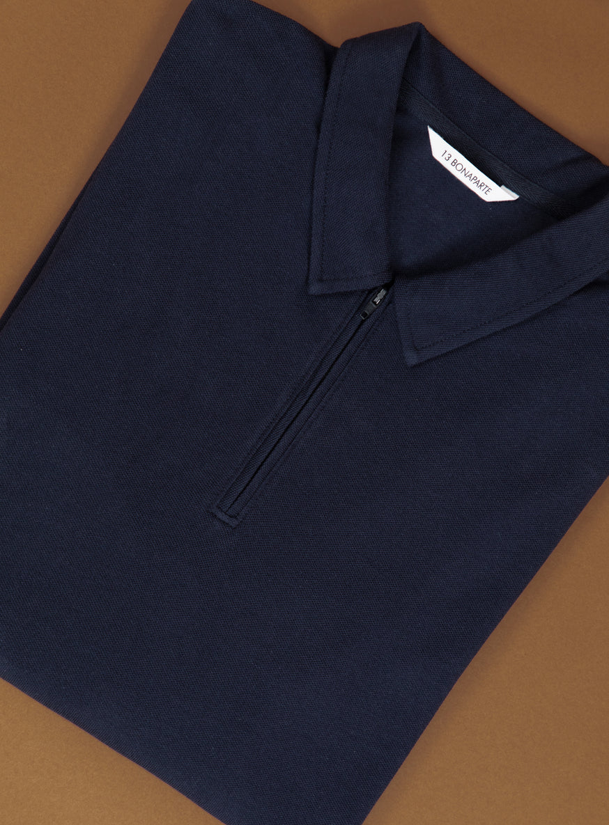 Zipped Poloshirt in Navy Blue Cotton Piqué