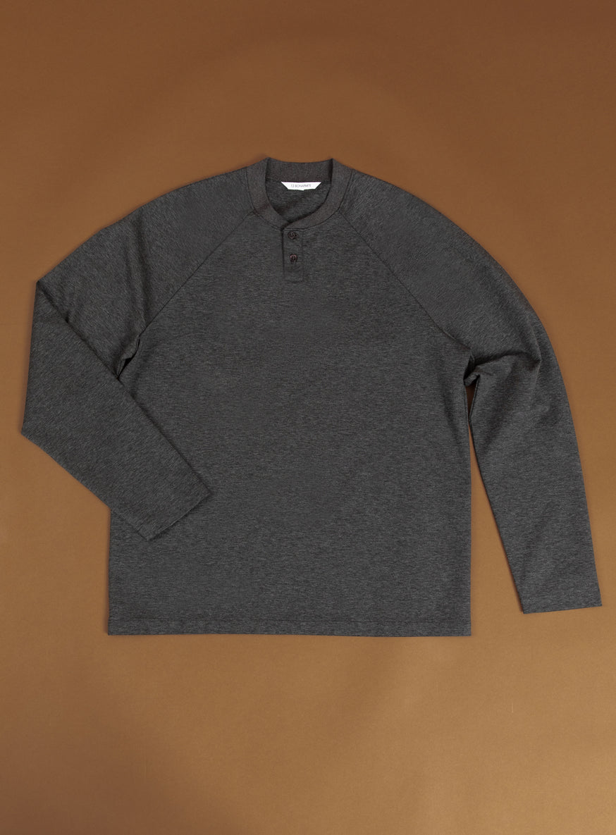 Long Sleeve Ribbed Collar Poloshirt in Heather Dark Grey Technical Knit