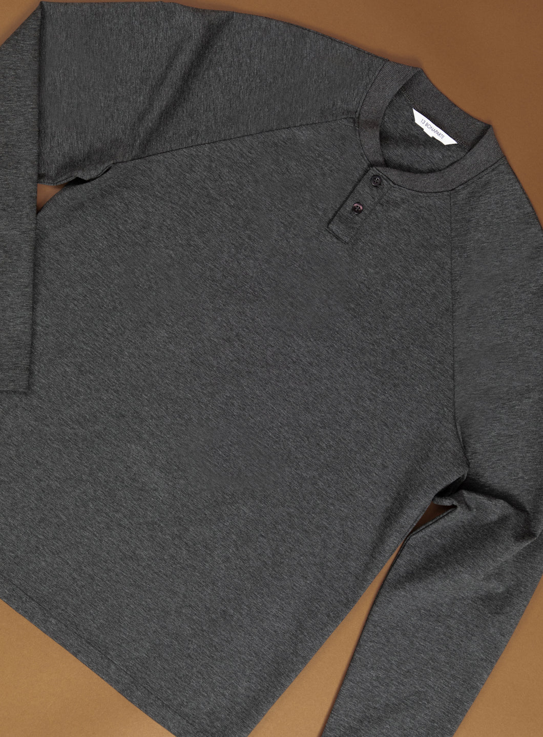 Long Sleeve Ribbed Collar Poloshirt in Heather Dark Grey Technical Knit