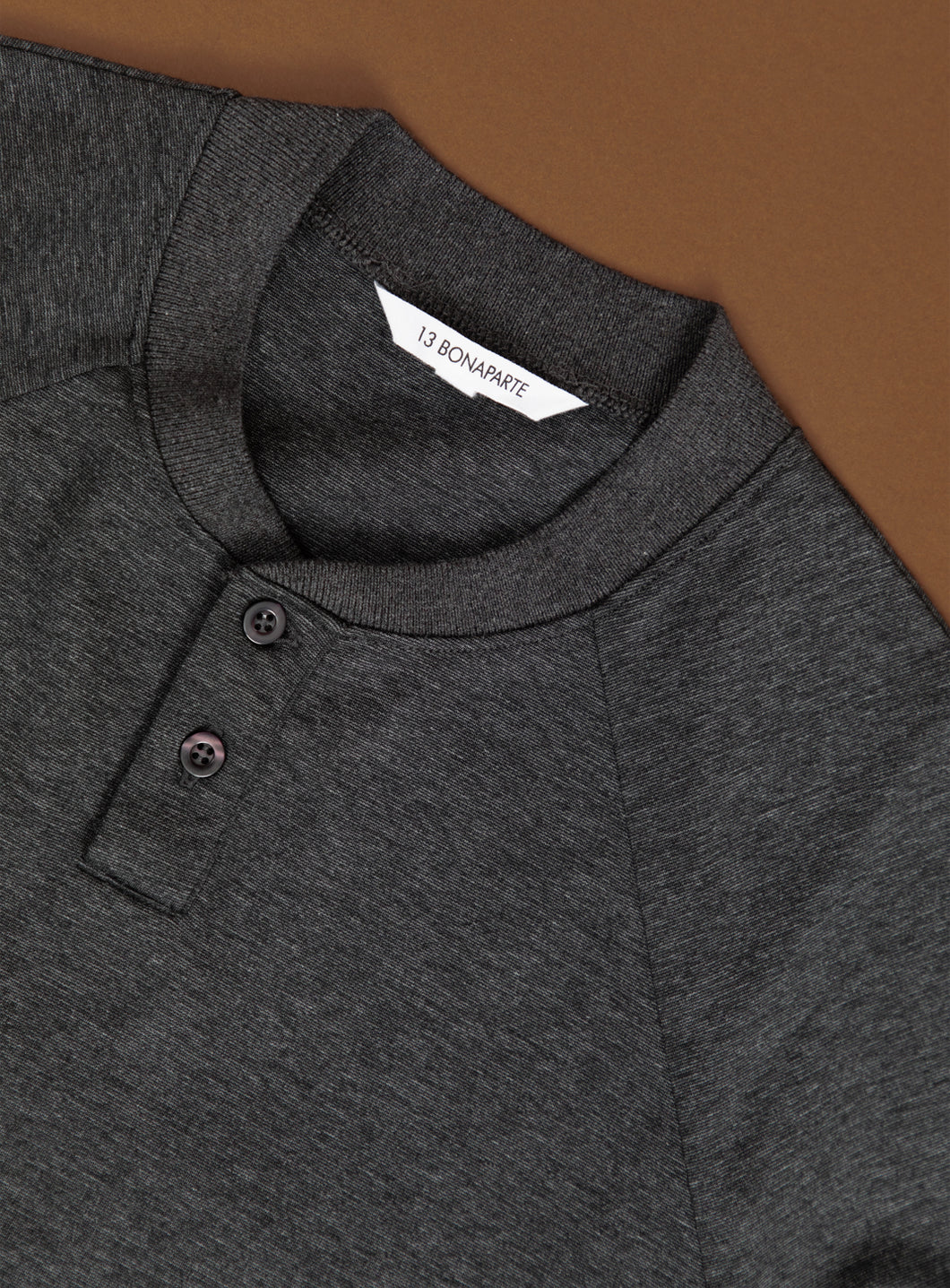 Long Sleeve Ribbed Collar Poloshirt in Heather Dark Grey Technical Knit