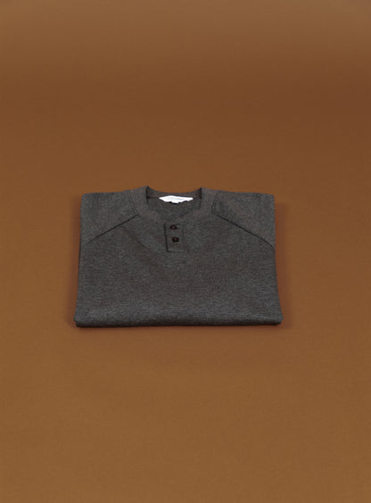 Long Sleeve Ribbed Collar Poloshirt in Heather Dark Grey Technical Knit