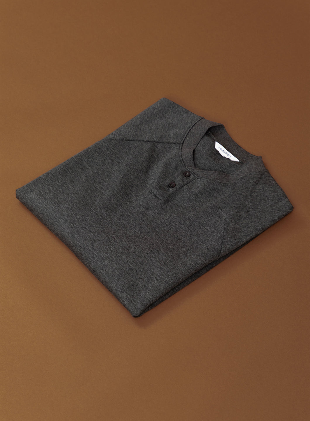 Long Sleeve Ribbed Collar Poloshirt in Heather Dark Grey Technical Knit