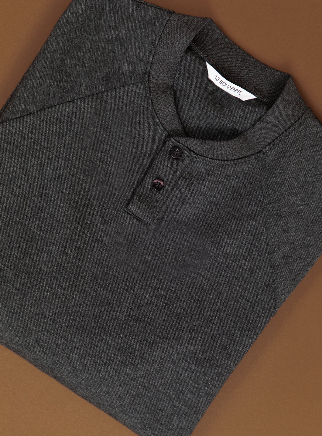 Long Sleeve Ribbed Collar Poloshirt in Heather Dark Grey Technical Knit